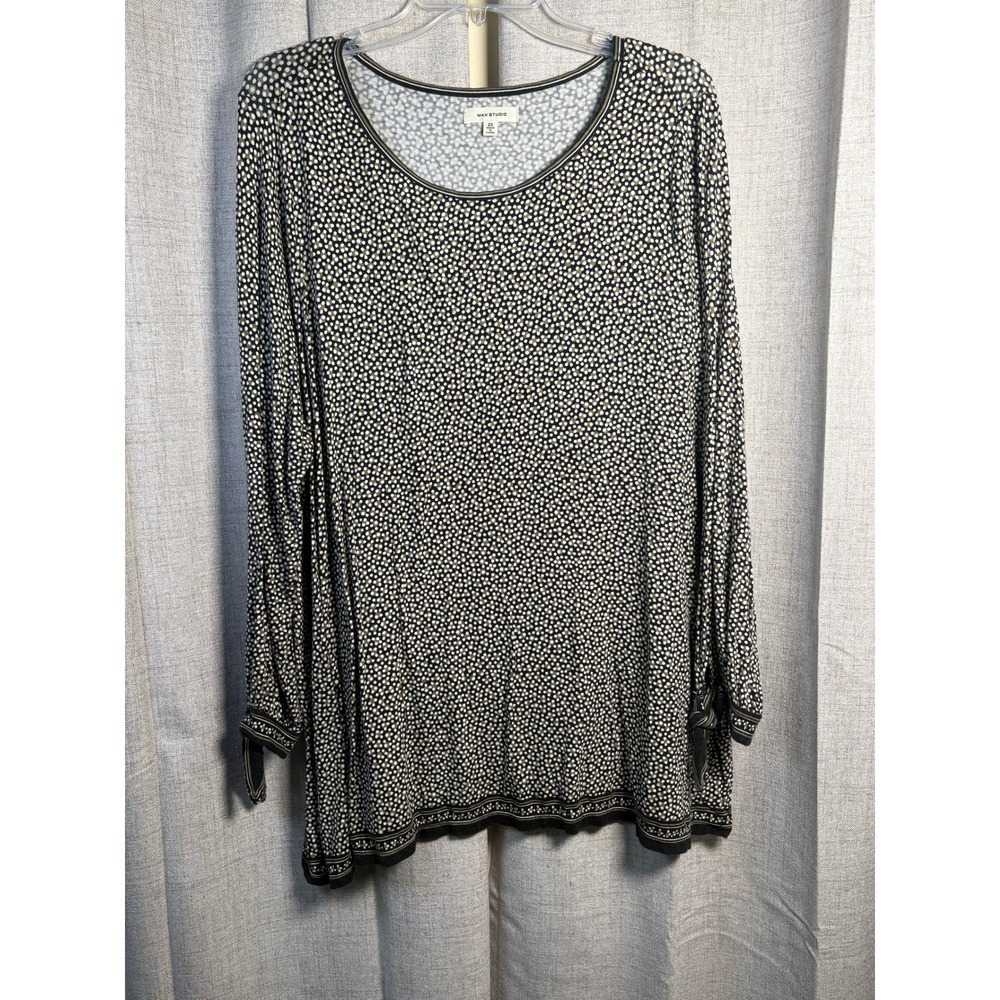 Max Studio Womens 2X Black White Olive Dot Print Tie Cuff Long Sleeve Top Blouse